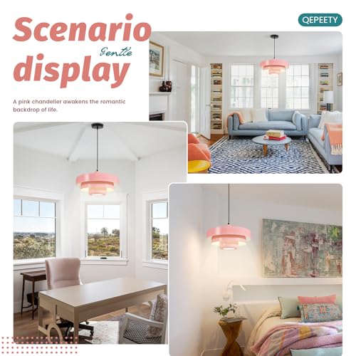 Image of 2-Pack Adjustable Pendant Lights, Scandinavian 3-Layer Pink Metal Pendant Lamp, 59 Inch Adjustable Wire Hanging Light, E26 Base for Kitchen Island Kids Room