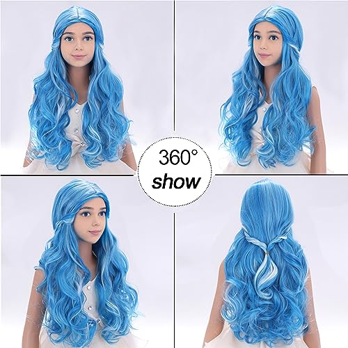 Image of PATTNIUM Kids Blue Wig Long Wavy Child Wig Light Blue Wig for Kids Heat Resistant Synthetic Hair Cosplay Costume Girls Wig (Mixed Blue)