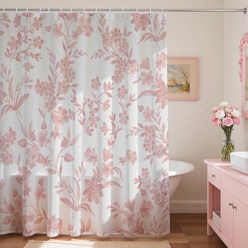 Mocsicka Floral Shower Curtain with 12 Hooks, Pink...