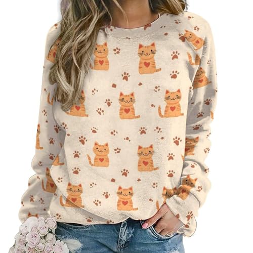 Sweat-shirt graphique femme col rond manches longues imprimé chat