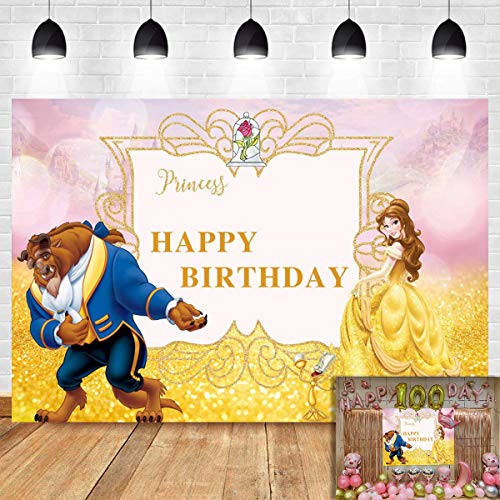 Beauty and The Beast Photography Backdrop for Children Happy Birthday Party Decoration Banner