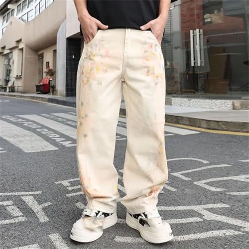 Men’S Y2K Painted Oversized Loose Fit Straight Denim Pants Zipper Fly Midweight Full Length Pockets Jeans3