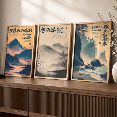 Image of kotart Japanese City View Art Posters with Frame | Aesthetic Japanese Art Framed Poster for Bedroom Living Room Gaming Room Wall Decor Set Of 3 (19X25 inch)