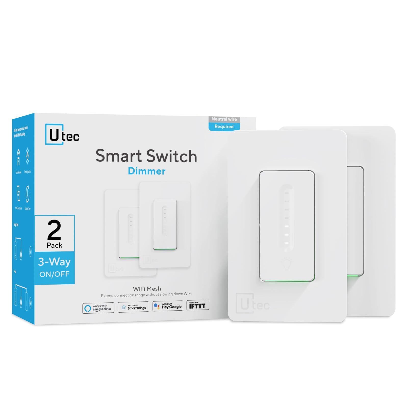 Smart 3 Way Dimmer Switch, Smart WiFi Mesh Dimmable Light Switch Compatible with Alexa, Google Assistant and SmartThings, 2.4GHz Wi-Fi, FCC/ETL Certified, No Hub Required, 2 Pack