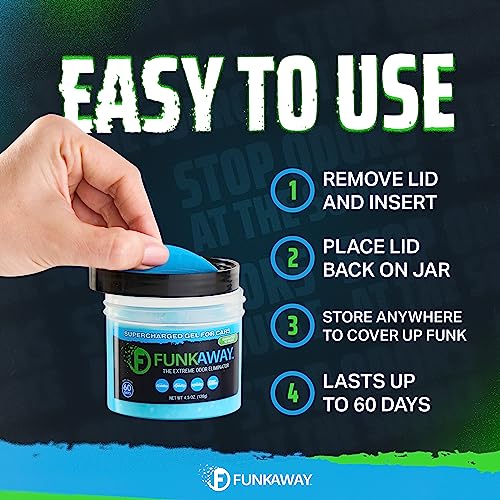 Image of FunkAway Supercharged Car Deodorizer Gel (4.5 oz - 8 Pack) Lasts Up to 30 Days, Car Air Freshener and Odor Eliminator for SUVs, Trucks and RVs, Odor Absorber that Attacks Funk at the Source