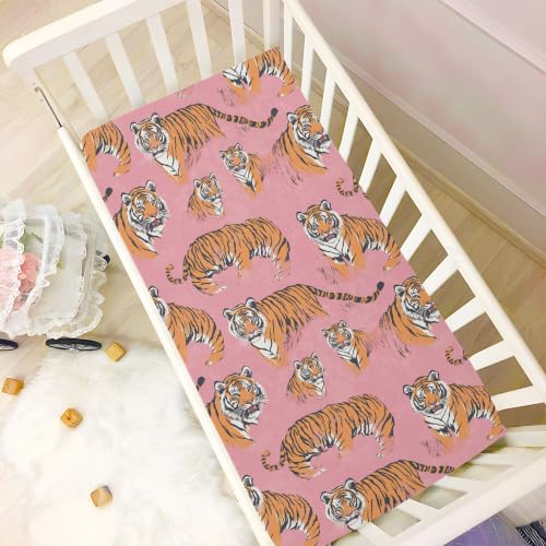 Image of Vintage Cute Tigers Pinks Crib Sheets Soft Breathable Fitted Baby Crib Sheets Mattress Cover for Girls Boys, 52 inch x 28 inch x 9 inch