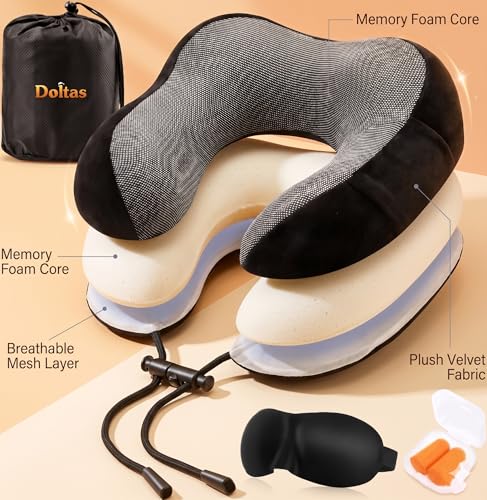 Image of DOLTAS Memory Foam Travel Pillow for Neck Pain Relief, Includes Eye Mask & Noise Isolating Ear Plugs, Portable Combo for Men & Women, Ideal for Long Flights & Road Trips | Velvet Black
