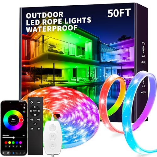 KSIPZE 50ft Outdoor led Strip Lights Waterproof IP68, RGB Outdoor led Lights with Button & Bluetooth App Control, Music Sync, Timer, Exterior Led Rope Lights for Decor Balcony, Roof, Garden, Pool