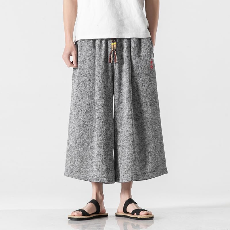 GUOYUXIAO Men's Pants Summer Embroidered Ice Silk Capri Wide-Leg Trouser4