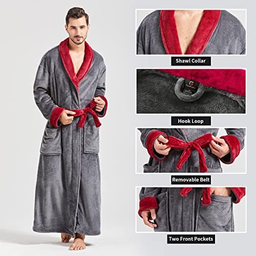 Image of FashGudim Mens Robes Big and Tall Full Length Plush Fleece Long Robe for Men Bathrobe Shawl Collar Warm Winter House Robes