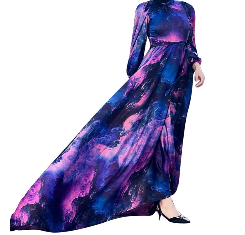 Robe violette fluide style abaya Dubaï et caftan long imprimé