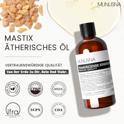 Weihrauchöl Ätherisches Öl 100ML, MUNUSNA Ätherische Öle Weihrauch Rein Naturrein für Bessere Erholung, Reparieren und Beruhigen, Duftöl Weihrauch Öl für Aroma Diffuser, Frankincense Oil