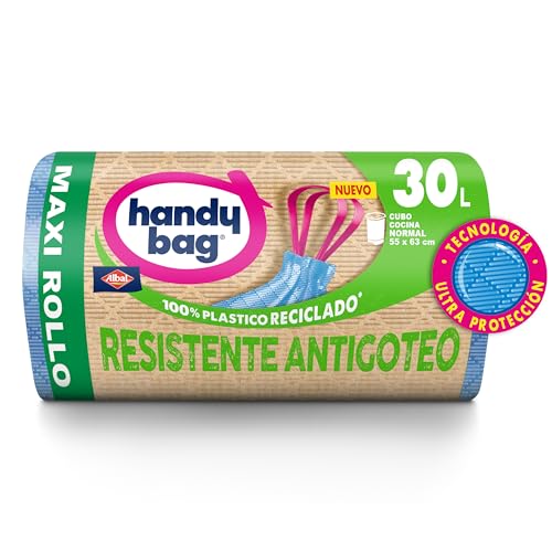 Handy Bag Bolsas de Basura Resistente Antigoteo, 100% Reciclado, Autocierre, Maxi Rollo 30L, 20 Bolsas, 1 Paquete