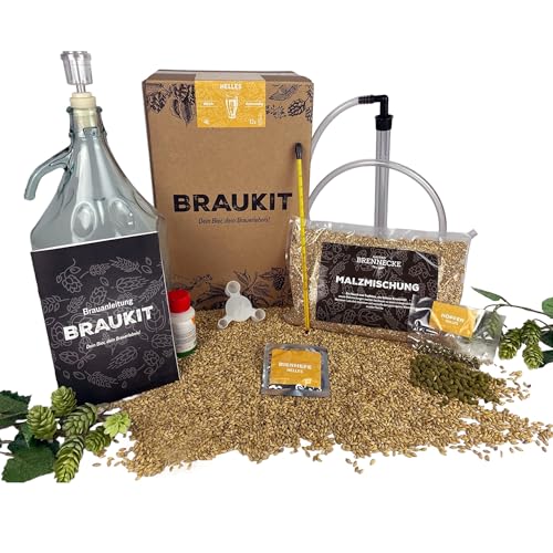 Braukit - Helles Bierbrauset mit 5L Gärflasche | Malzmischung, Hopfen, Hefe, Thermometer, Reiniger, Abfüller | Einfache Handhabung, Perfekt für Einsteiger | Geschenk für Männer