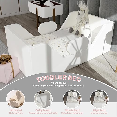 Toddler Bed, Child Bed for Kids with Extra Safty Broad, Standard Crib Size Toddler Bed, Certified Fabric Toddler Beds,Toddler Flood Bed (White)