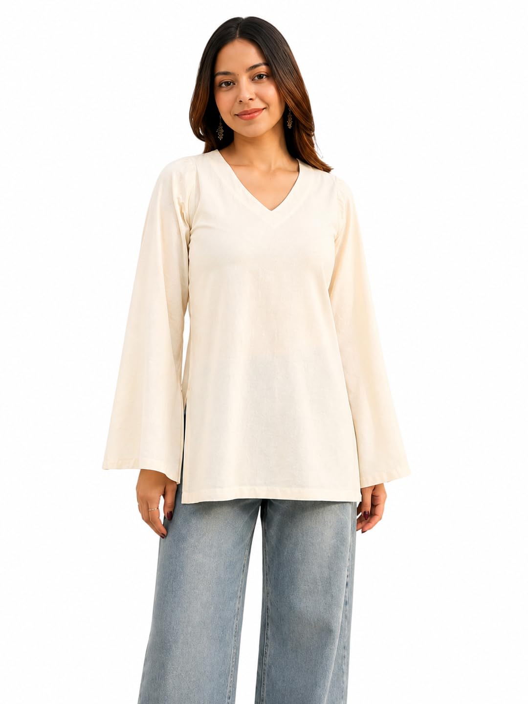 Women's V-Neck Tunic Top, Long Bell Sleeve, Relaxed Fit Casual Blouse, Cream-image-3
