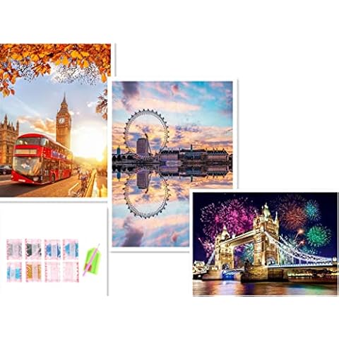 3 Set DIY 5D London Scene Diamond Painting Kits for Adults, Full Drill Crystal Art Kits London Bridge, Big Ben, London Eye Pictures Craft (16x12inch) Cover