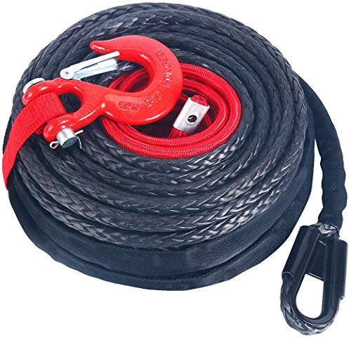 92ft x 1/2 Inch Black Synthetic Winch Rope High Strength Polyethylene Fiber Material 22000LBs Protective Sleeve + RED Hook Compatible with Jeep ATV UTV Truck Boat