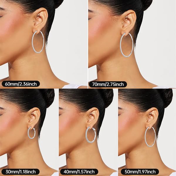 PABBEU 2mm 925 Sterling Silver Earrings Big Sterling Silver Hoop Earrings for Women Large Rhinestone Hoop Earrings Thin Hypoallergenic Cubic Zirconia Earrings for Women 30/40/50/60/70mm4