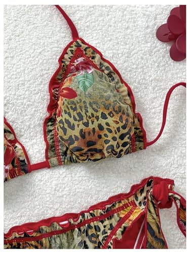 Women's 2 Piece Retro Cheetah Bathing Suit Halter Triangle Beach Swimsuit Tie Side Thong Bikini Sets3