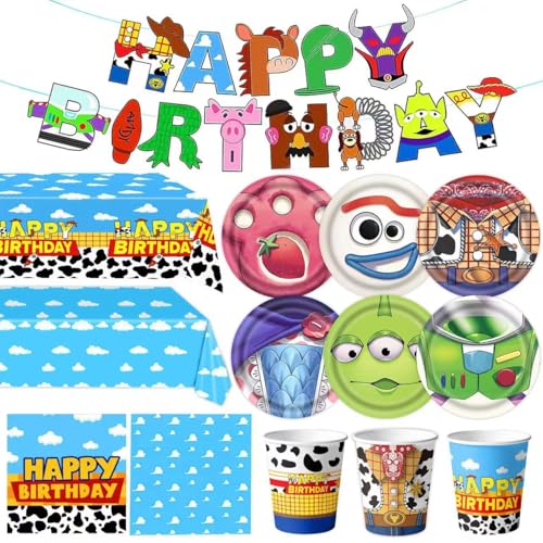 Toy Birthday Party Supplies,123pcs Party Decorations include 6 Different Style Paper Plates,Banner,Tablecloth,Napkins and Cups for Boys Girls Birthday Decor, Serve 30+Guest