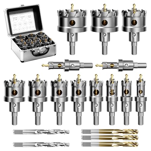 REKCKRUL 21-Piece TCT Carbide Hole Saw Kit for Metal (1/2' to 2-1/8') - Heavy Duty Hole Cutter Drill Bits Set with 2 Titanium/Step Pilot & L-Wrench, Cuts Stainless Steel, Iron, Aluminum, Wood, Plastic