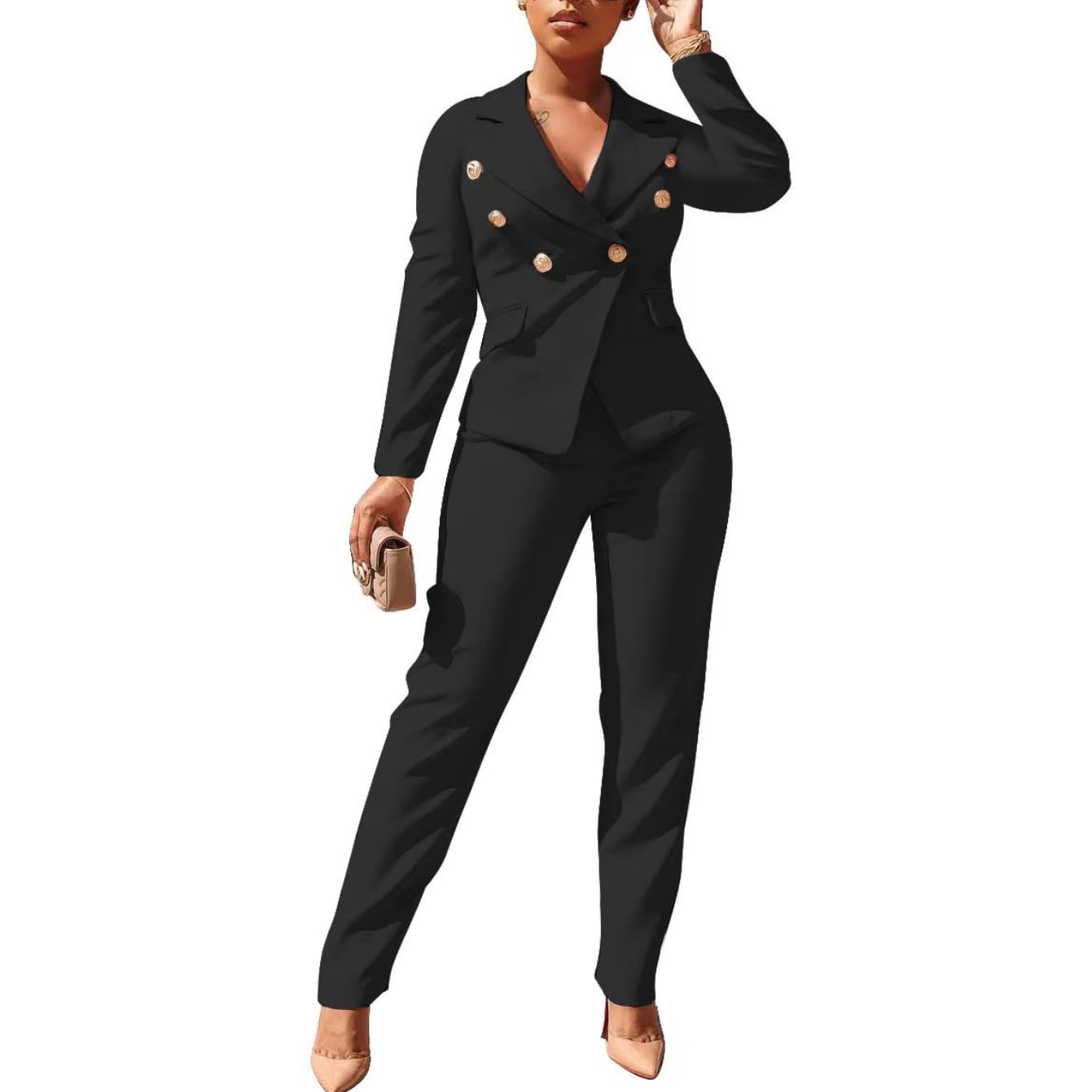 Womens Business Blazer Suit Long Sleeves Two Piece Solid Work Pant Suit Business Office Lady Suits Sets