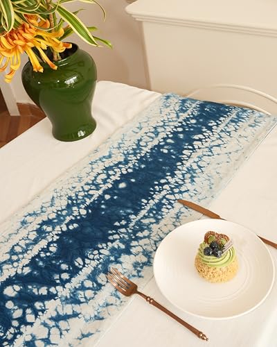 DYEWEAVE Natural Indigo Dye Table Runner, Handmade Tie-Dye with Ripples Design, 100% Cotton Blue Decorative Table Runner for Dining and Bridal Shower,...