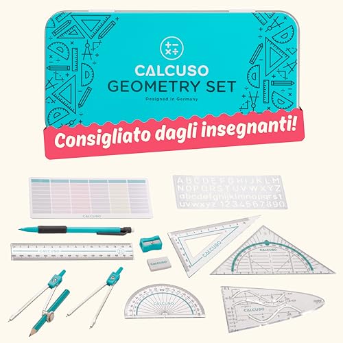 CALCUSO Set di Geometria 14 Pezzi con Compasso, Squadra in Scatola Metallica Resistente - pratico set di matematica per scuola, ufficio, università, disegni, scuole elementari