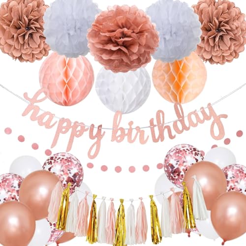 Pink Rose Gold Birthday Party Decorations Set - Rose Gold Glittery Happy Birthday Banner, Tissue Paper Pom, Circle Dots Garland, Tassel Garland, Confetti Balloons