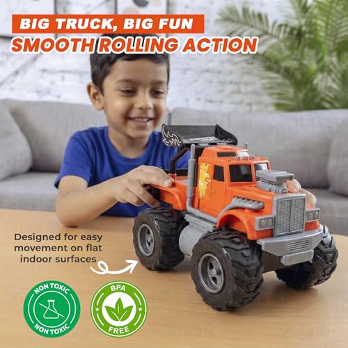 Image of Kidology Monster Truck City Service Friction Car Toy | Push & Go All-Terrain Off-Road Vehicle with Flashing Lights & Sounds | Heavy-Duty Big Wheel Action Toy for Kids (Orange)