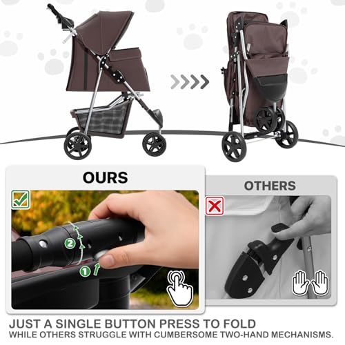 Image of MoNiBloom Foldable Dog Strollers for Small Dogs with Weather Cover, 3 Wheels Pet Strolling Cart for Dogs and Cats with Storage Basket and Cup Holder, Breathable and Visible Mesh for All-Season, Coffee
