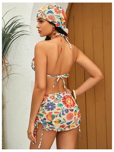 Image of RoseSeek Women's 4 Piece Polka Dots Bathing Suits Cover Up Skirt & Bandana