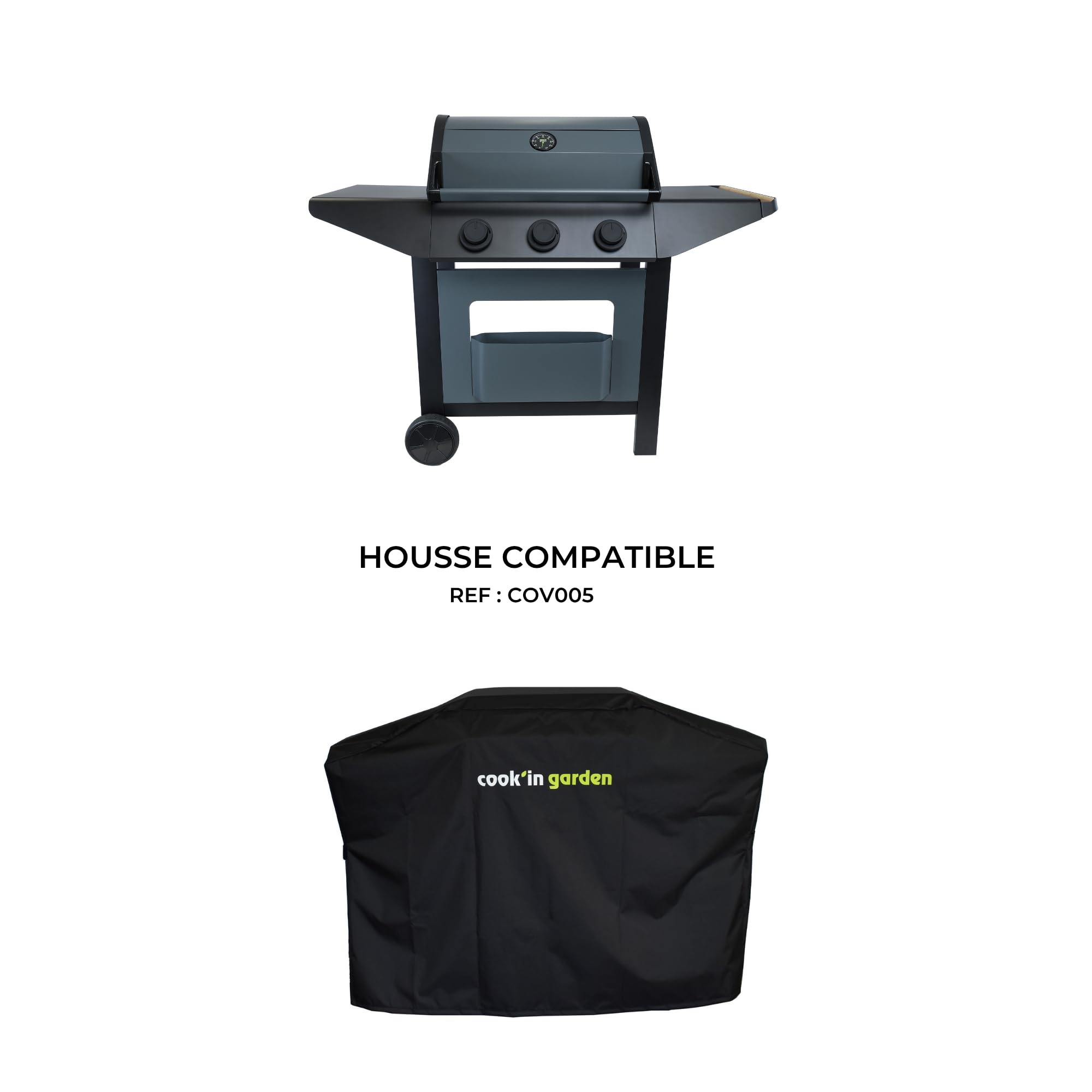 Cook’in Garden - Barbecue Gaz Burn, 3 Brûleurs, Fonction Grill et Plancha, Récupérateur de Graisse Amovible, Thermomètre Intégré, 10,5 kW, Idéal 10 Personnes