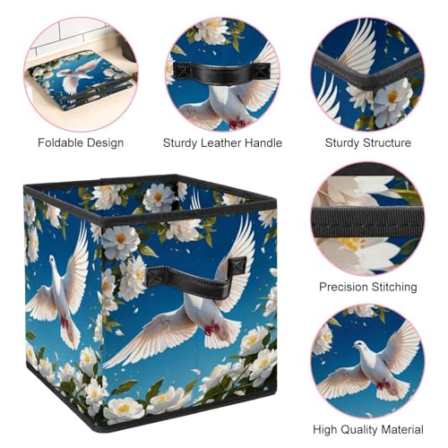 Boîte de rangement pliable cube motif colombe et fleur avec poignées cuir - 5