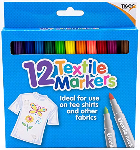 Image of Tiger Textile Fabric Markers - Pack of 12 Pens Assorted Colours - Ideal for T-Shirts, Bags, Trainers, Clothes, Soft Toys