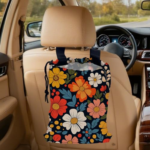 Colorful Flowers Car Trash Bag, Hanging Drawstring Car Garbage Bag,Canvas Car Back Seat Organizer with Adjustable Buckle for Men and Women