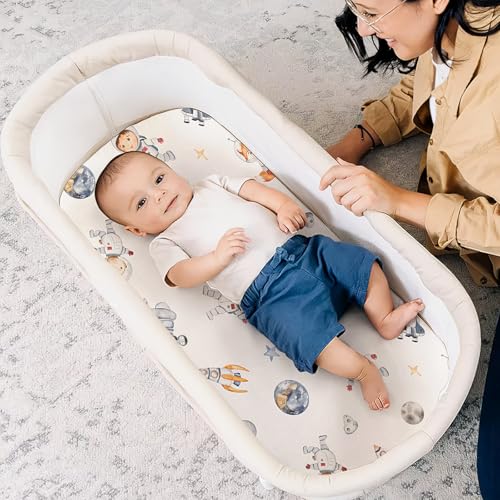Image of GRSSDER Stretchy Ultra Soft Fitted Bassinet Sheet Set 2 Pack, Universal Fit for Bassinets Baby Cradle Moses Basket Oval Rectangle Mattress Safe and Snug, Sea Fish & Space Stylish Print