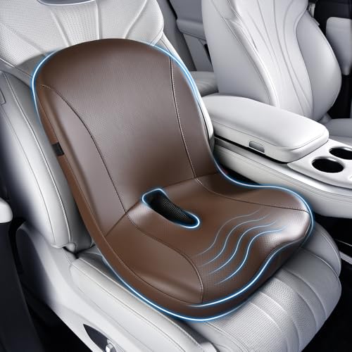 Image of Coverado Car Seat Cushion and Lumbar Support Pillow One Piece, Napa Leather Memory Foam Ergonomic Back Support Driving Seat Cushion for Back Pain, Non-Slip Washable Cushion for Car, Driver, Office