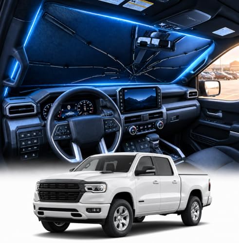 [2026 Upgraded] DooGooCoo Windshield Sun Shade Umbrella for Dodge RAM 1500 2500 3500 [100% Sunlight Blocked Cooling Ice Crystal] Sunshade for Car Windshield for RAM Sun Shade 2019-2026.