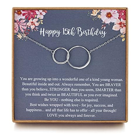 MUSIER PARIS Sweet 15th Birthday Gifts for Girls, 15 Year Old Girls Gifts, Birthday Gifts for her, Sterling Silver 2 Ring Birthday Necklace, Friendship Gifts Birthday Jewelry Cover