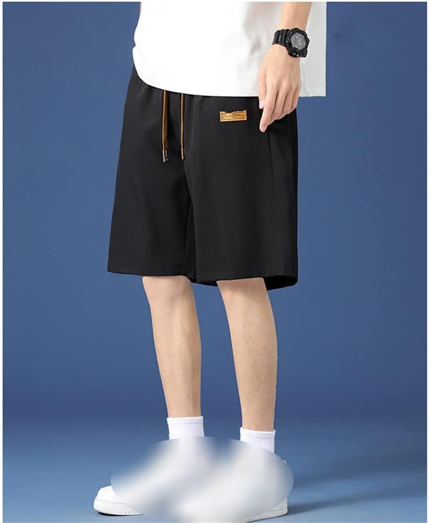 夏ファッショナブルなアイスシルクショーツメンズルーズフィットカジュアル巾着アウトドアスポーツブラックショーツ(L)