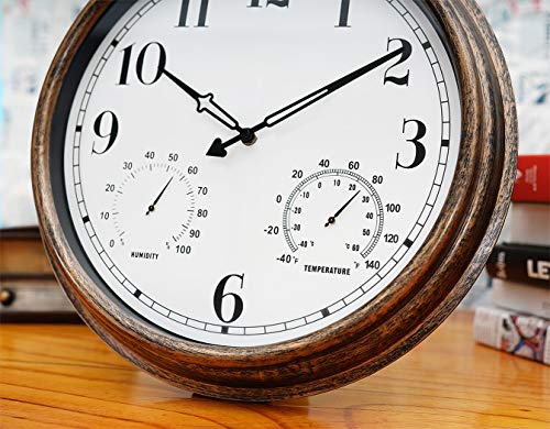 Rsobl 16 Inch Large Indoor Outdoor Wall Clock,Waterproof Non-Ticking Clock With Thermometer And Hygrometer Combo,Battery Operated Clock Wall Decorative-Bronze #TOP4