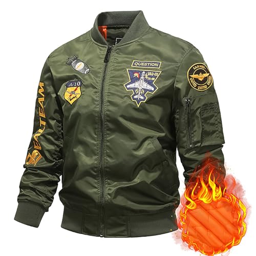 Chaqueta Hombre -Primavera Invierno béisbol con bordado pesado y grueso vuelo trabajo (Army Green M)