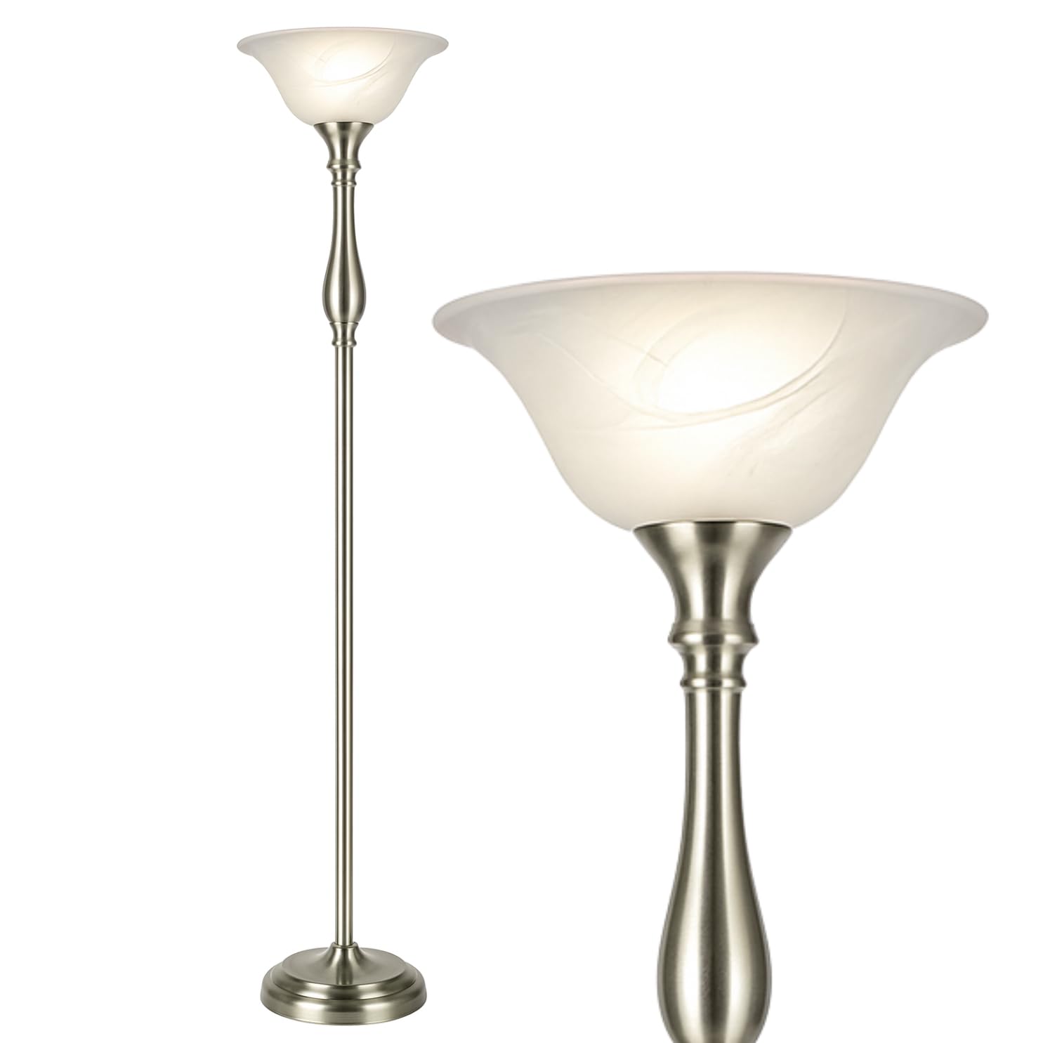LIGHTACCENTS Floor Lamp, 72-Inch Standing Lamp with Brushed Nickel Finish and White Alabaster Glass Shade – Torchiere Pole Lamp for Living Room, Bedroom, or Corner Lighting