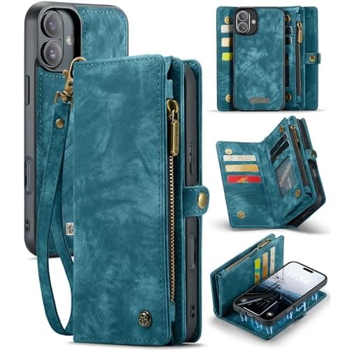 for iPhone 16 Case with 8 Card Slots Magnetic Closure Zipper Pocket Pouch Flip, Detachable Magnetic 2 in 1 Design, Premium Leather PU with Lanyard Strap Wristlet - Blue Blue iPhone 16