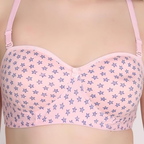 Image of Printed Half Cup Padded Bra - Made of Pure Cotton Full Coverage Non Wired Seamless Pushup Soft Cup for T-Shirt Saree Dress Sports Garment for Daily Use Everyday