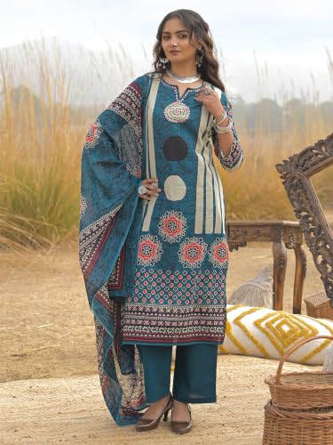 Image of INDO ERA Women's Green Pure Cotton Floral Printed Sequinned Kurta & Pant with Dupatta Set