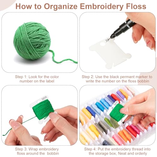 Image of GlikCeil 500 Pcs Set Embroidery Floss Bobbins Kit with Organizer Boxes, Bobbin Winder, Markers - Cross Stitch Thread Storage Set with Hard Plastic Bobbins in 5 Colors for Craft DIY Sewing Supplies