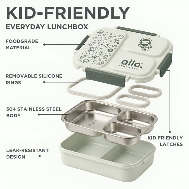 Image of Allo Bento Stainless Steel Lunch Box for Kids- BIS Approved, 304 Stainless Steel 3 Compartment Leakproof Tiffin Box for Boys and Girls for School, Travelling, Baby Snacks, 740ml Green Space